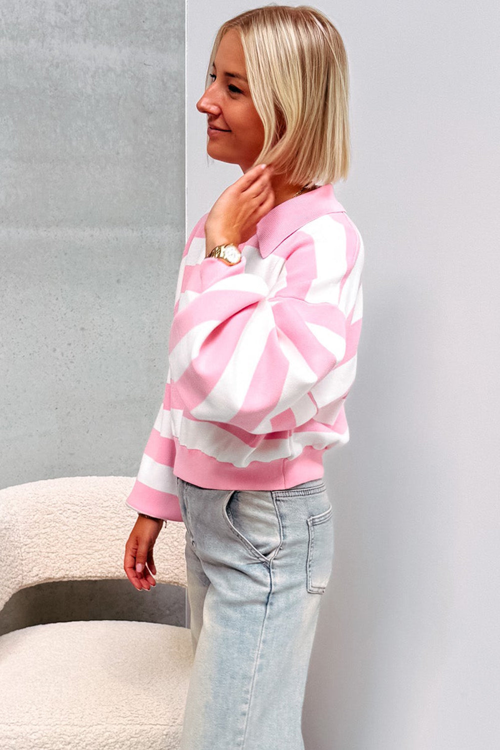 Pink Stripe Collar Zipped Drop Shoulder Casual Sweater