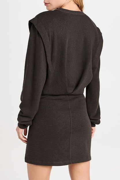 Carbon Grey Solid Color Faux-two-piece Patchwork Long Sleeve Pleated Detail Mini Dress