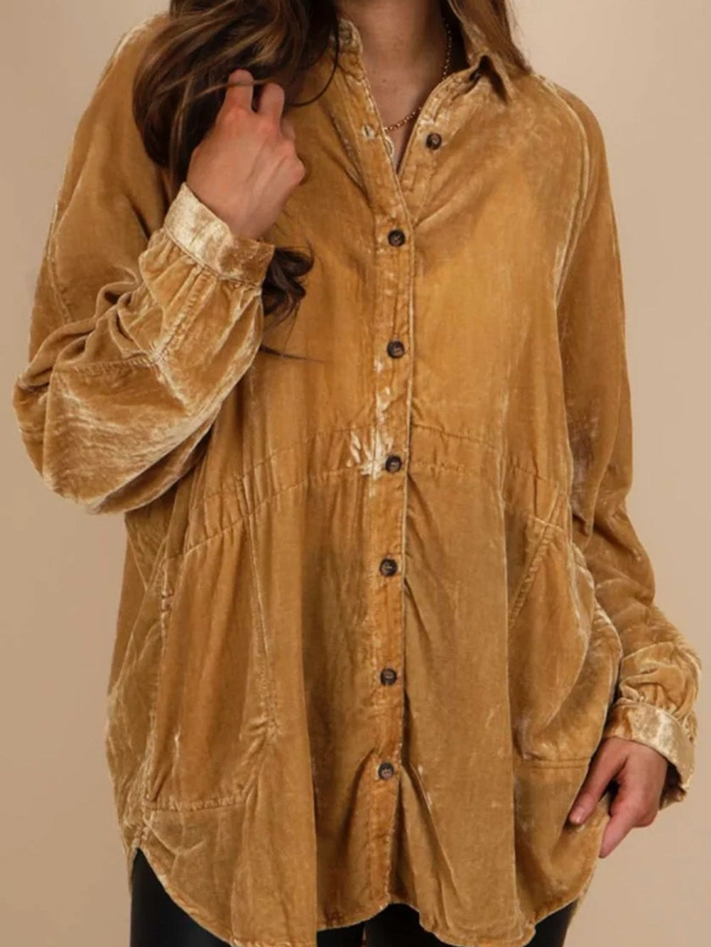 Golden Velvet Loose Fit Button-Up Shirt