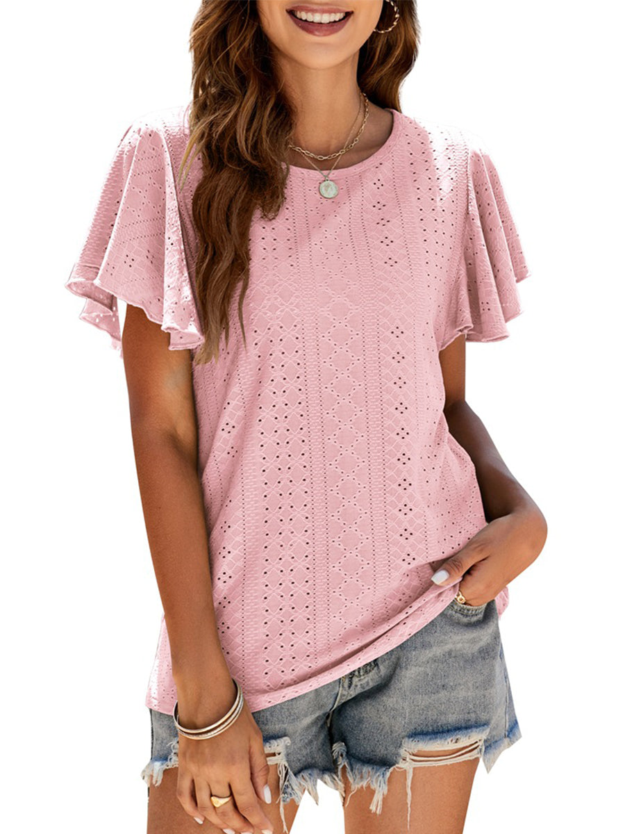 T-Shirts - Hollow Ruffle Sleeve Casual Round Neck T-Shirt - MsDressly