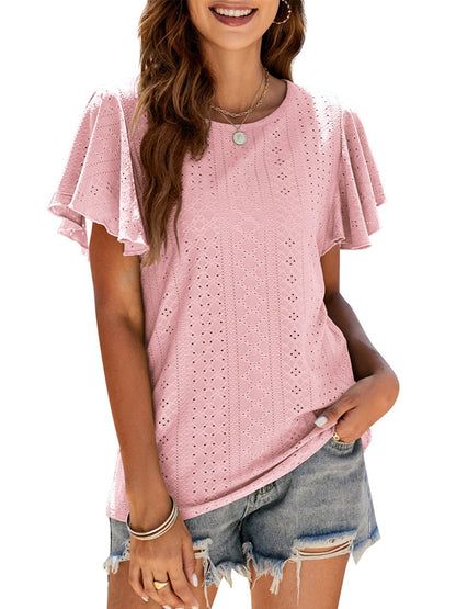T-Shirts - Hollow Ruffle Sleeve Casual Round Neck T-Shirt - MsDressly