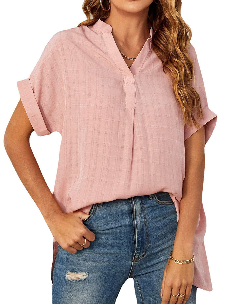 V-Neck Thin Loose Plaid Short-Sleeved Blouse