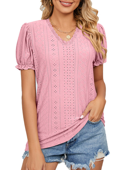 T-Shirts - Solid Color Lace Stitching Hollow V-Neck T-Shirt - MsDressly