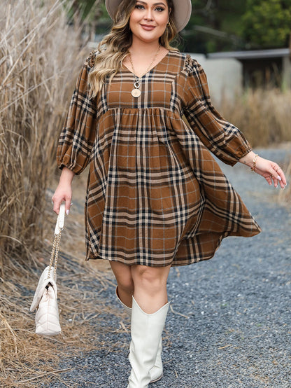 Brown Printed Plaid V Neck Plus Size Babydoll Dress