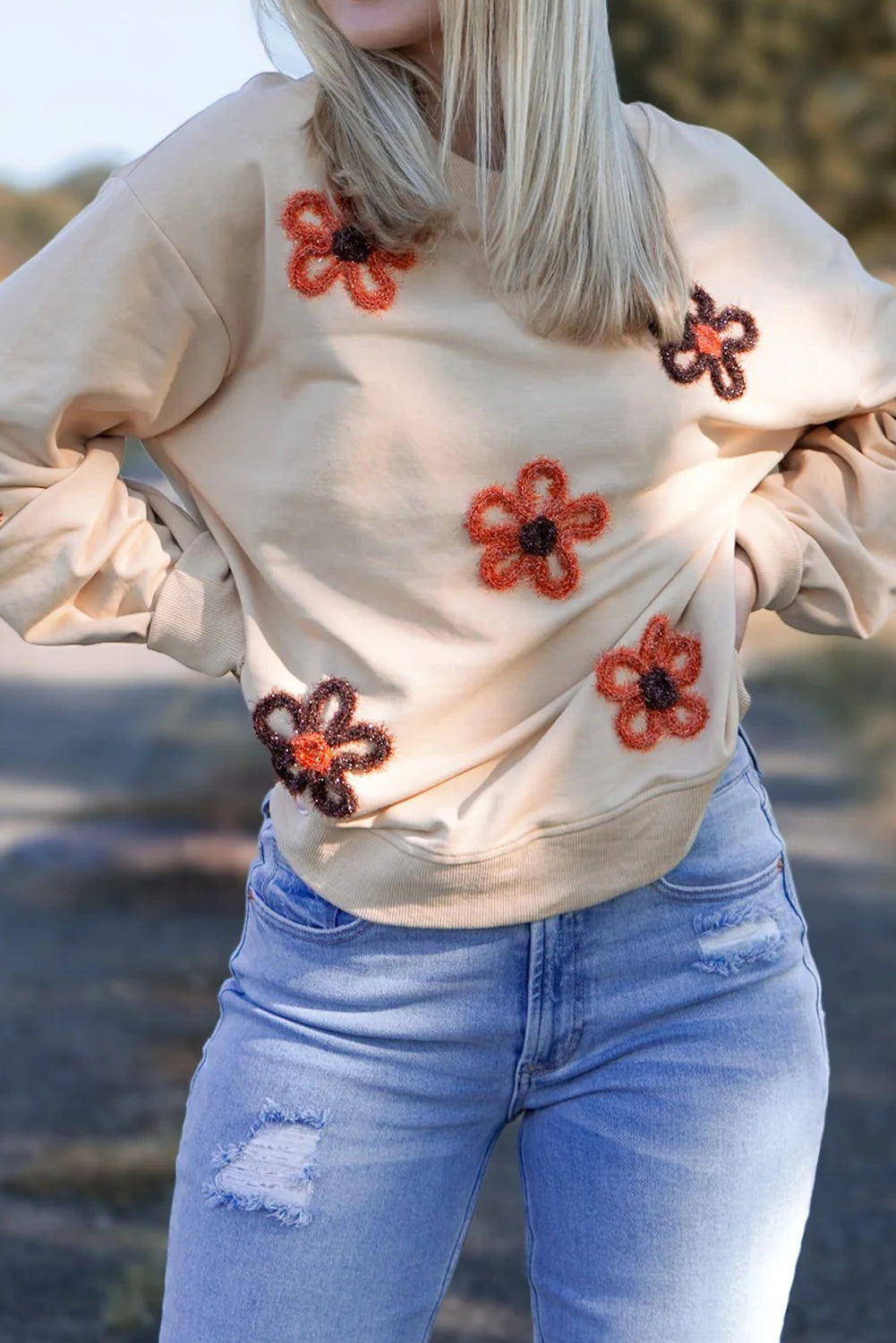 Jet Stream Tinsel Flower Decor Drop Shoulder Sweatshirt