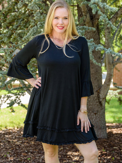 Black Plus Size Ruffled Trim 3/4 Sleeve Dress