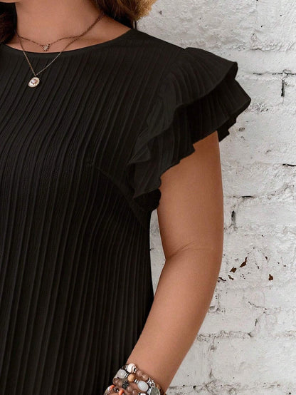 Black Ruffled Sleeve Rib Textured Plus Size Shift Dress