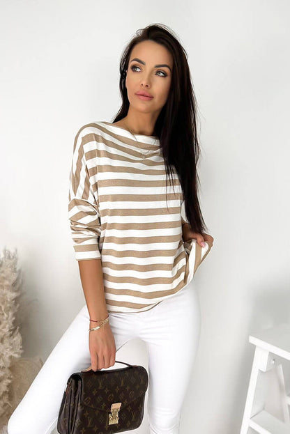 Khaki Boat Neck Striped Long Sleeve Top