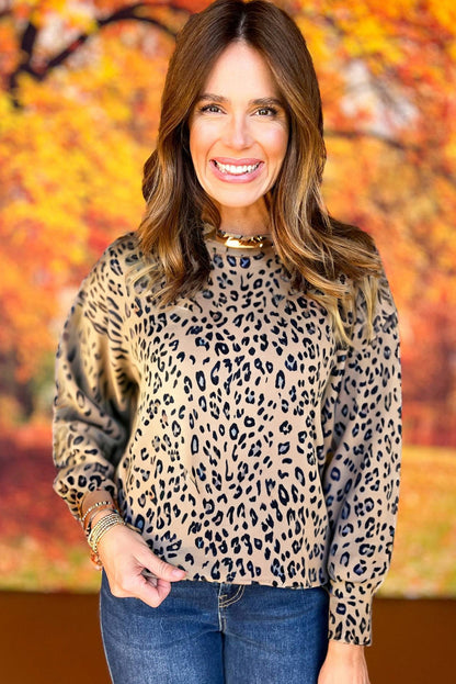 Brown Leopard Lantern Sleeve Round Neck Top