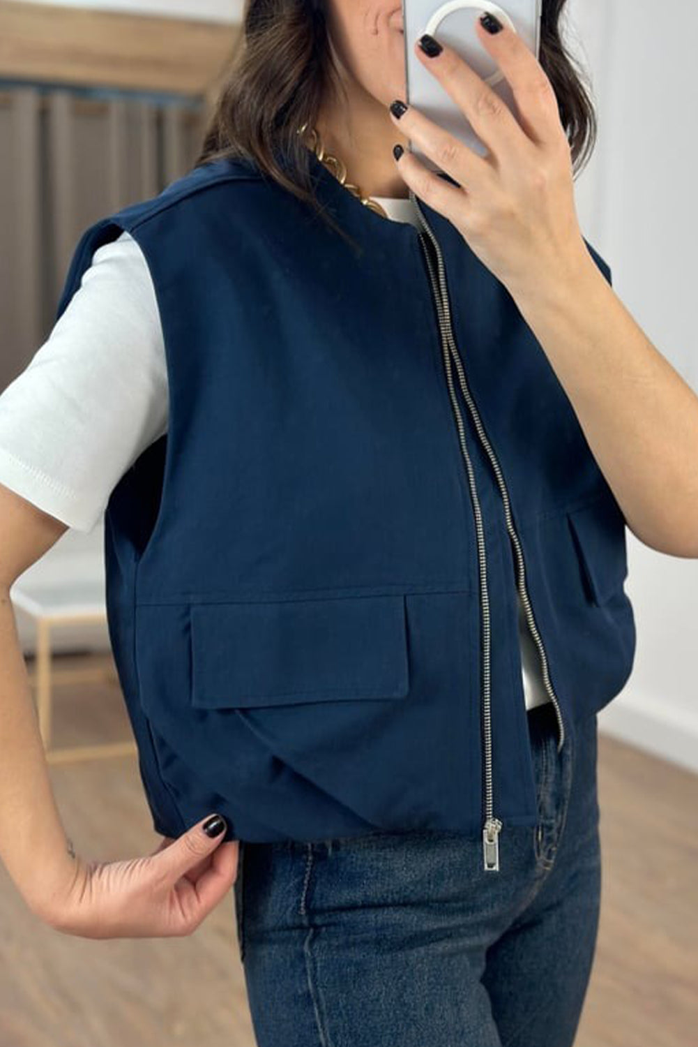 Sail Blue Mock Pockets Zipped Front Cargo Style Casual Vest