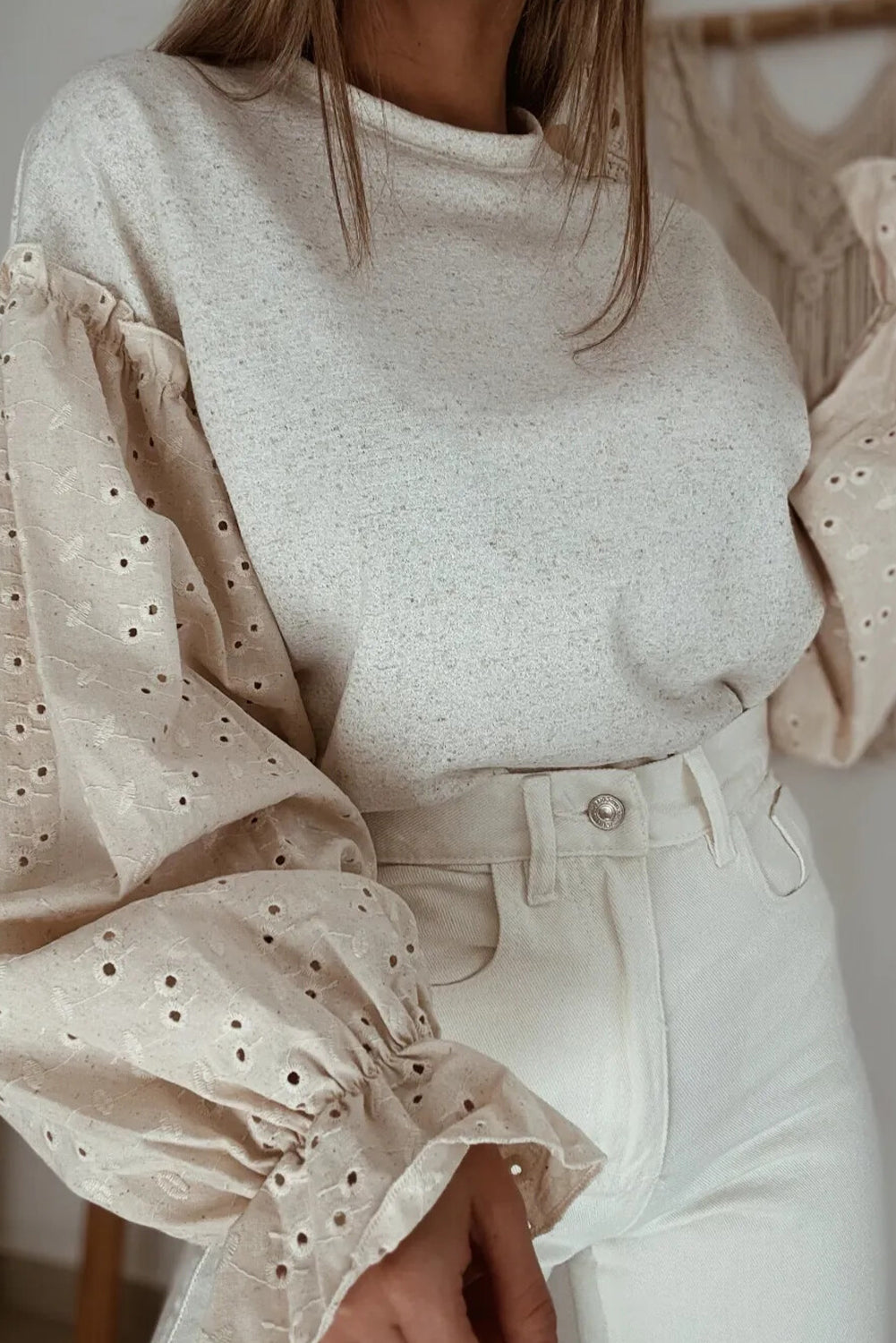 Jet Stream Embroidered Sleeve Patchwork Round Neck Top