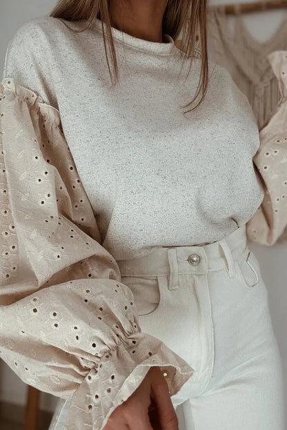 Jet Stream Embroidered Sleeve Patchwork Round Neck Top