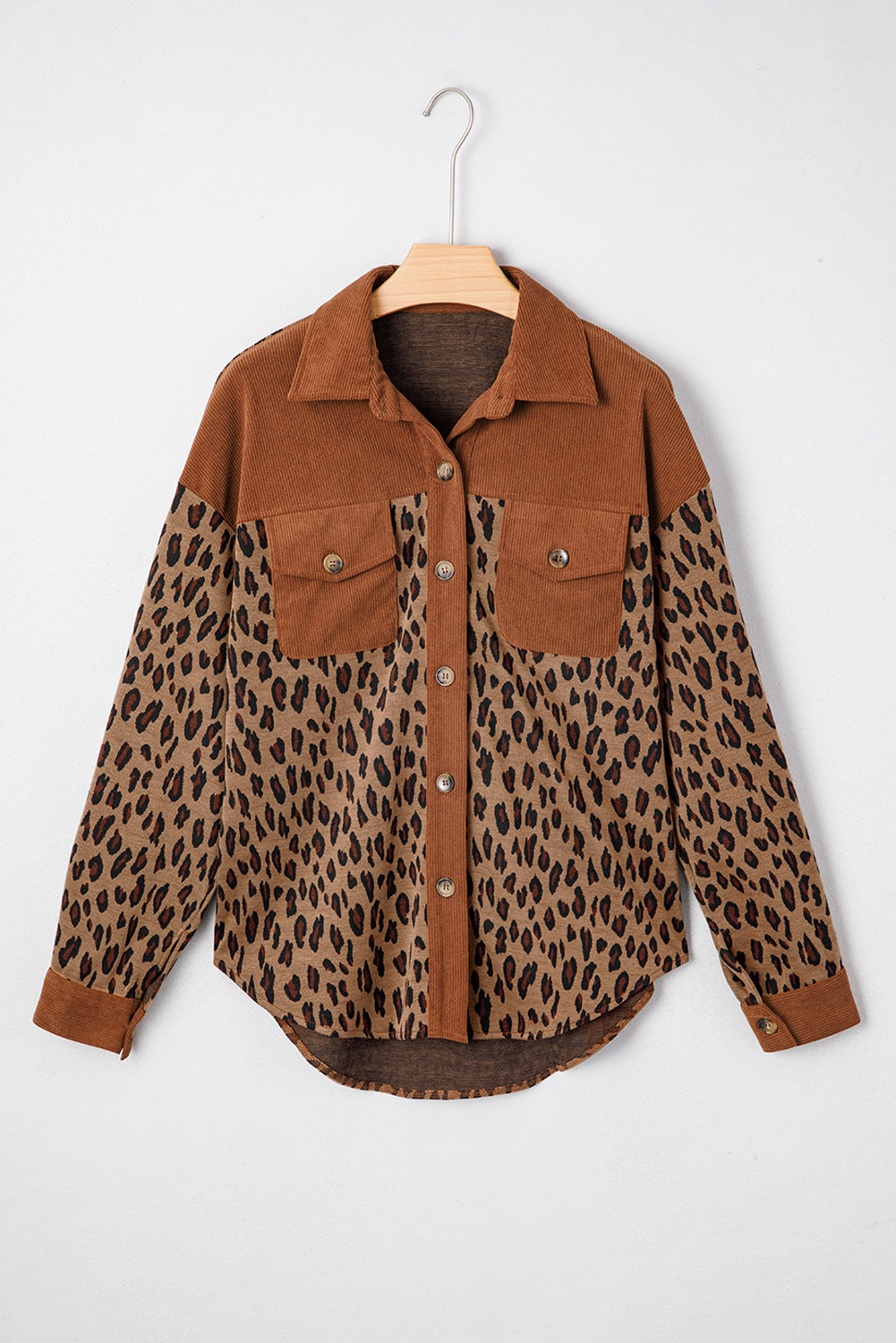Chestnut Leopard Print Contrast Texture Patchwork Button Flap Pocket Casual Shacket