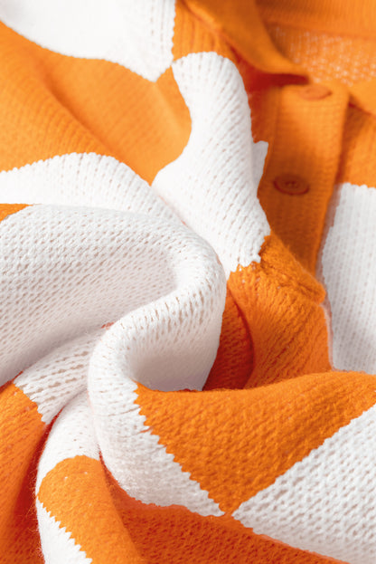 Grapefruit Orange Checkered Pattern Polo Collar Loose Sweater