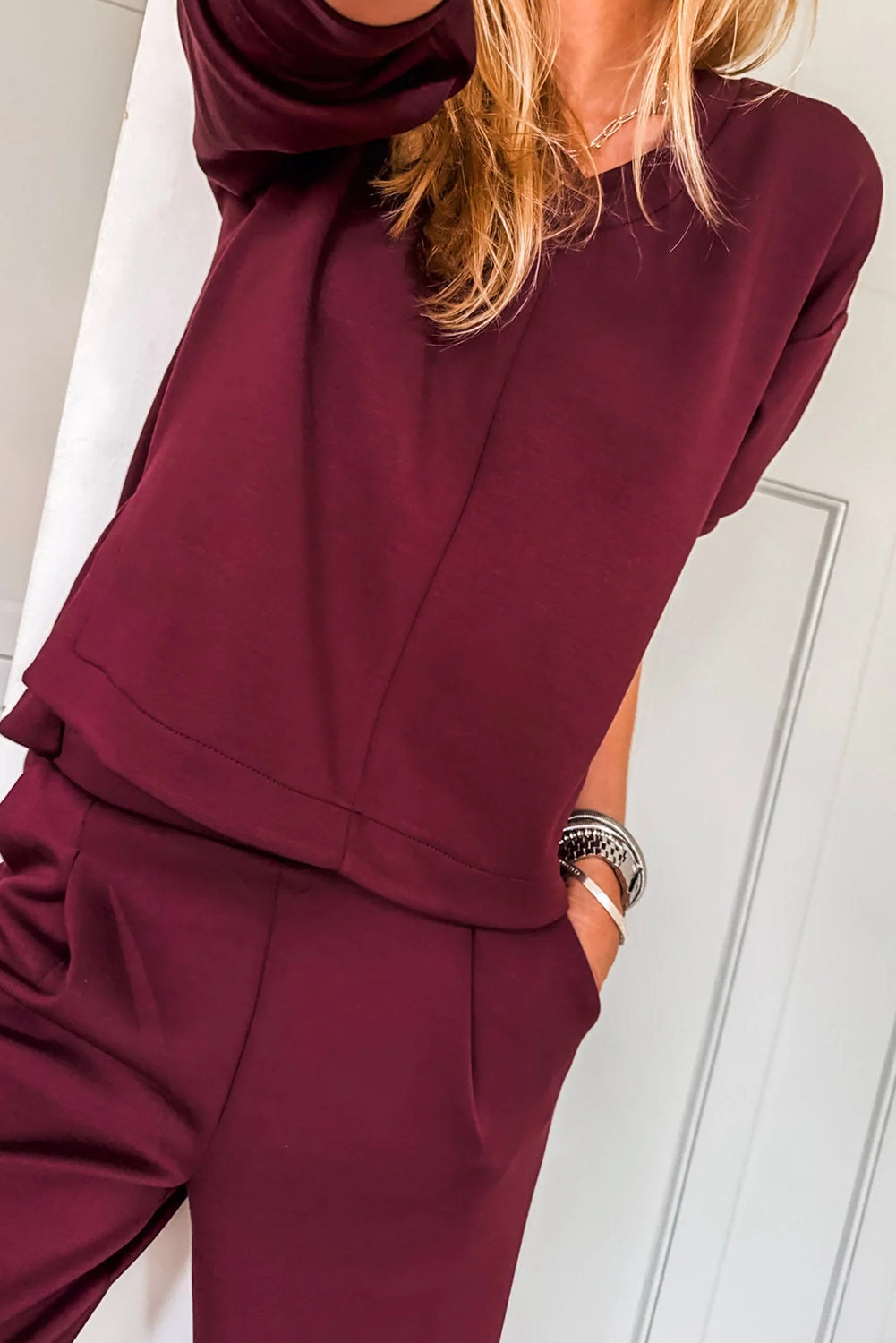 Red Dahlia Solid Color V Neck Tee Pocketed Casual Pant Set