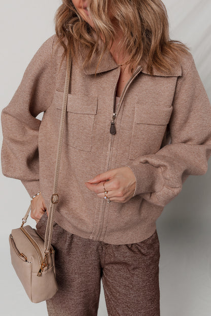 Old Rose Flap Chest Pocket Full Zipper Bubble Sleeve Collared Short Cardigan