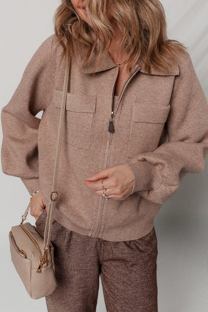 Old Rose Flap Chest Pocket Full Zipper Bubble Sleeve Collared Short Cardigan