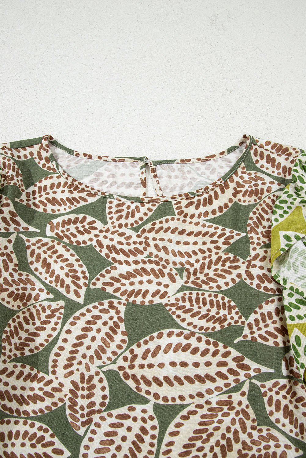 Green Abstract Leafy Print Contrast Ruffle Trim Long Sleeve Blouse