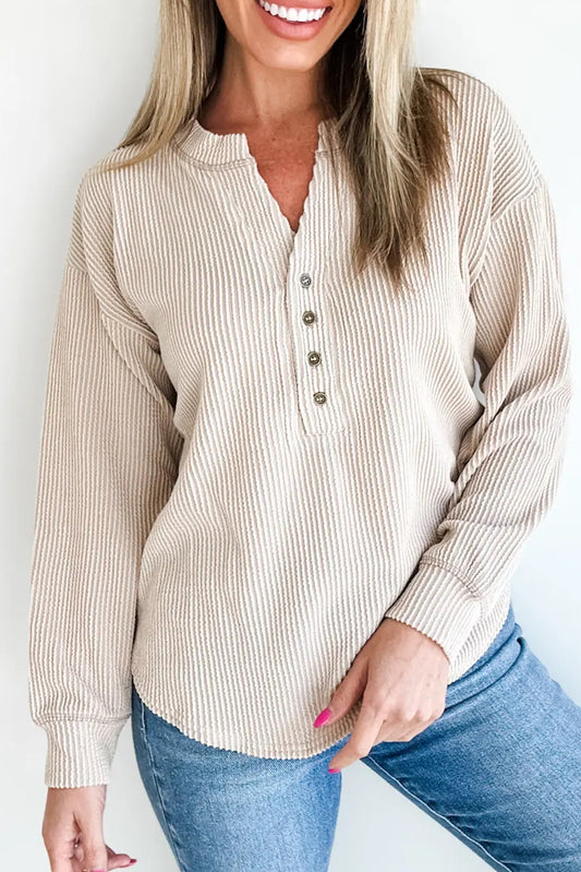 Beige Twisted Ribbed Half Button Long Sleeve Loose Top