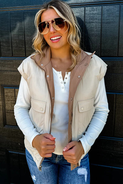 Smoke Gray Color Block Liner Patchwork Snap Button Zip Up Winter Vest