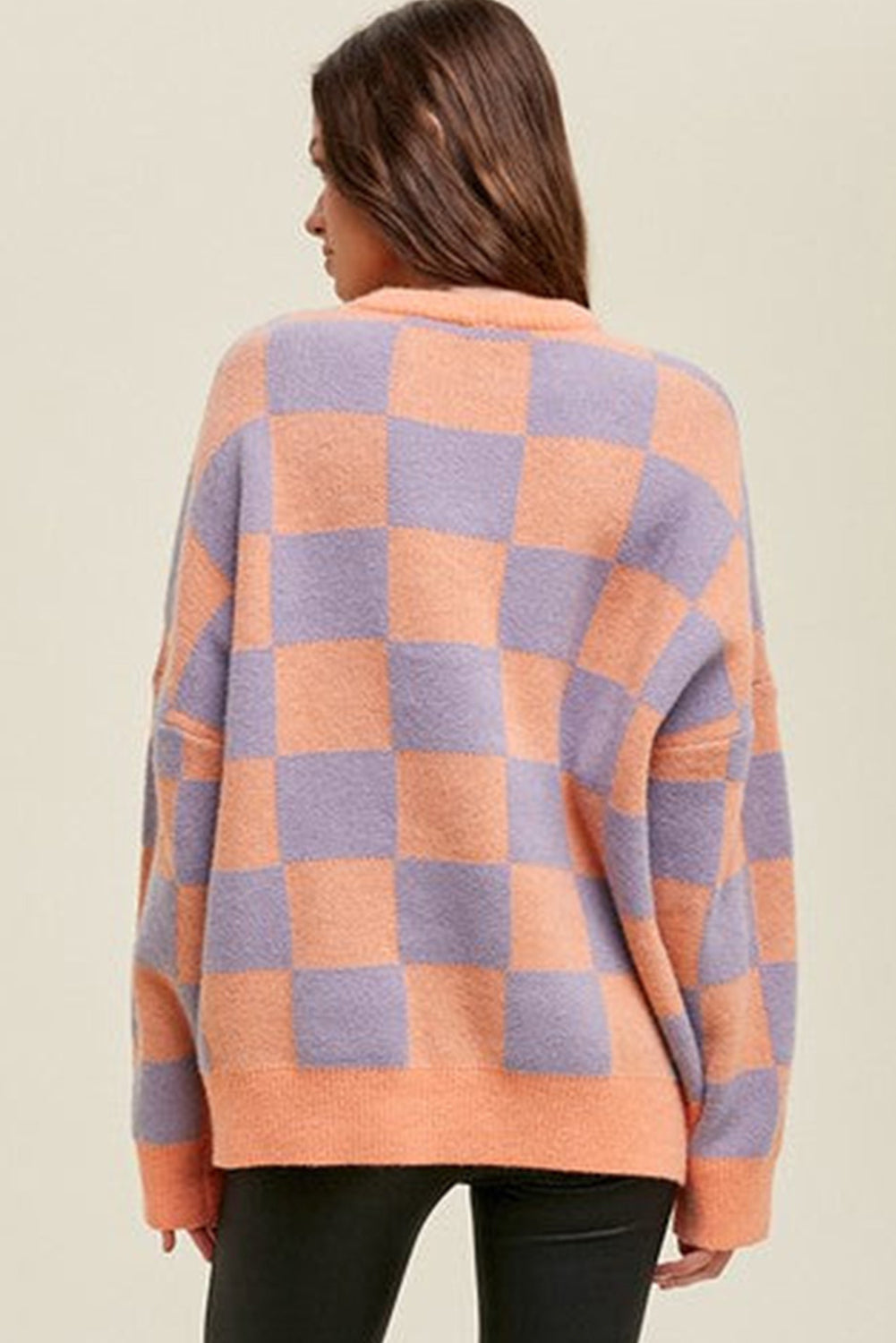 Grapefruit Orange Ribbed Trim Checkered Pattern Knit Baggy Sweater