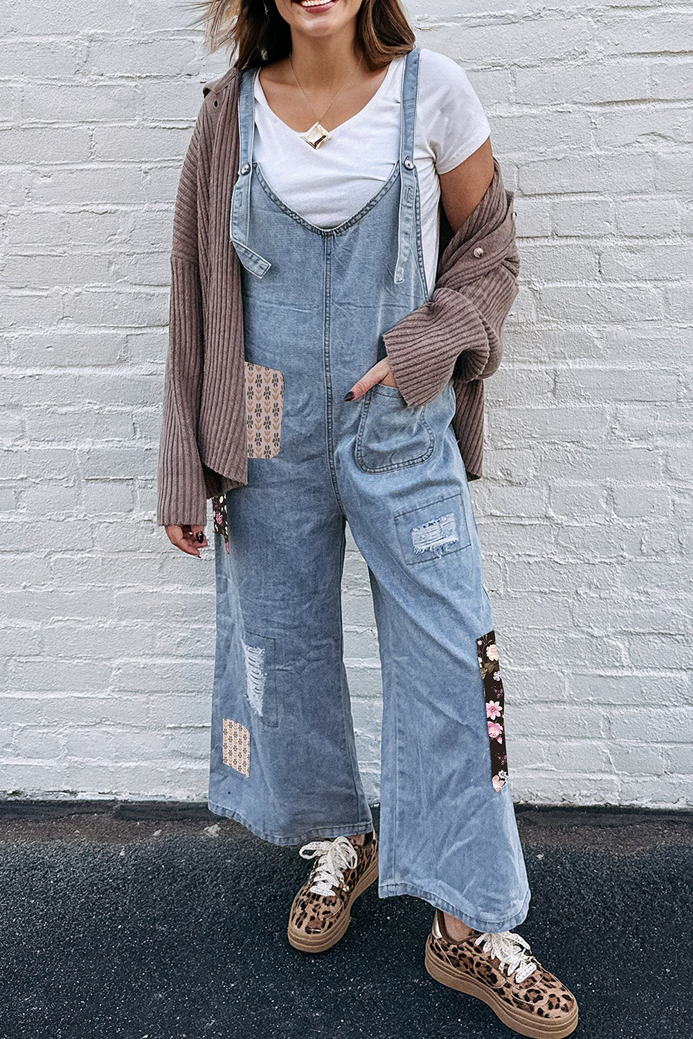 Myosotis Buttoned Straps Floral Patchwork Distressed Denim Overalls