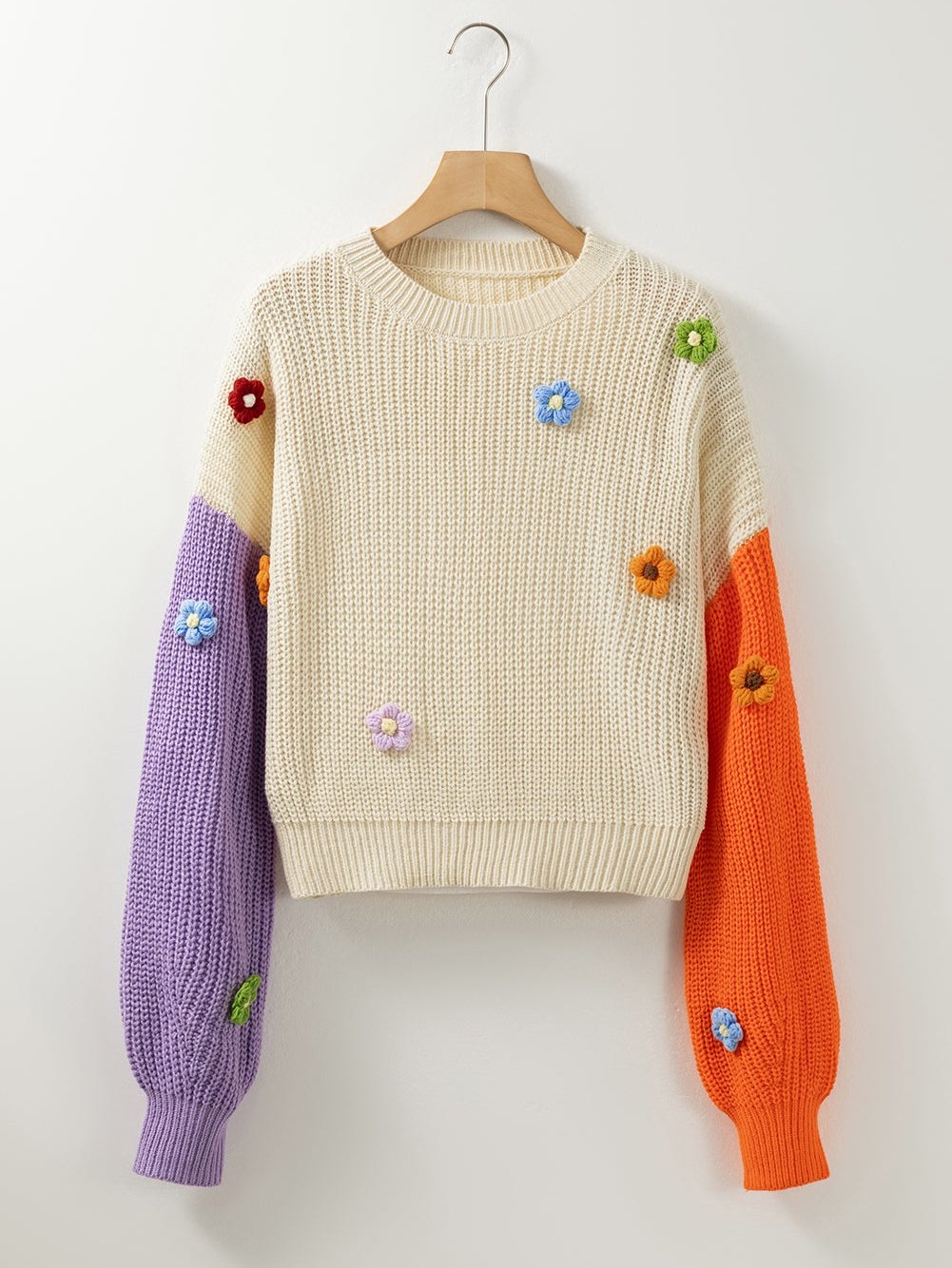 Floral Patchwork Drop Shoulder Knit Sweater with Colorblock Design