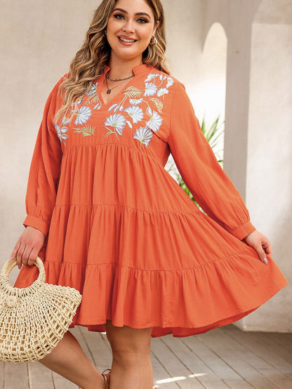 Orange Plus Size Embroidered Tiered Ruffle Dress