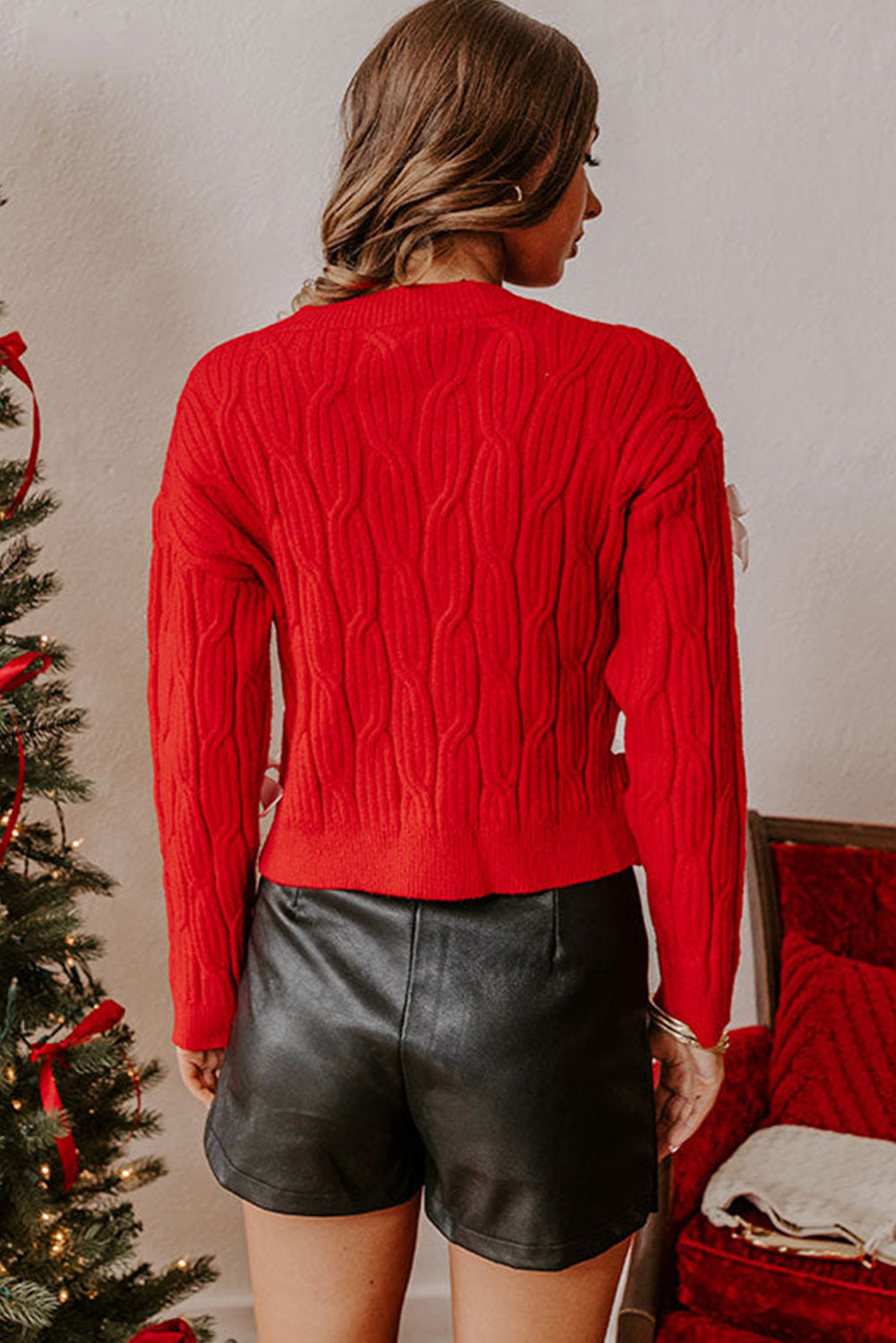 Fiery Red Round Neck Cable Knit Contrast Bow Decor Cropped Sweater