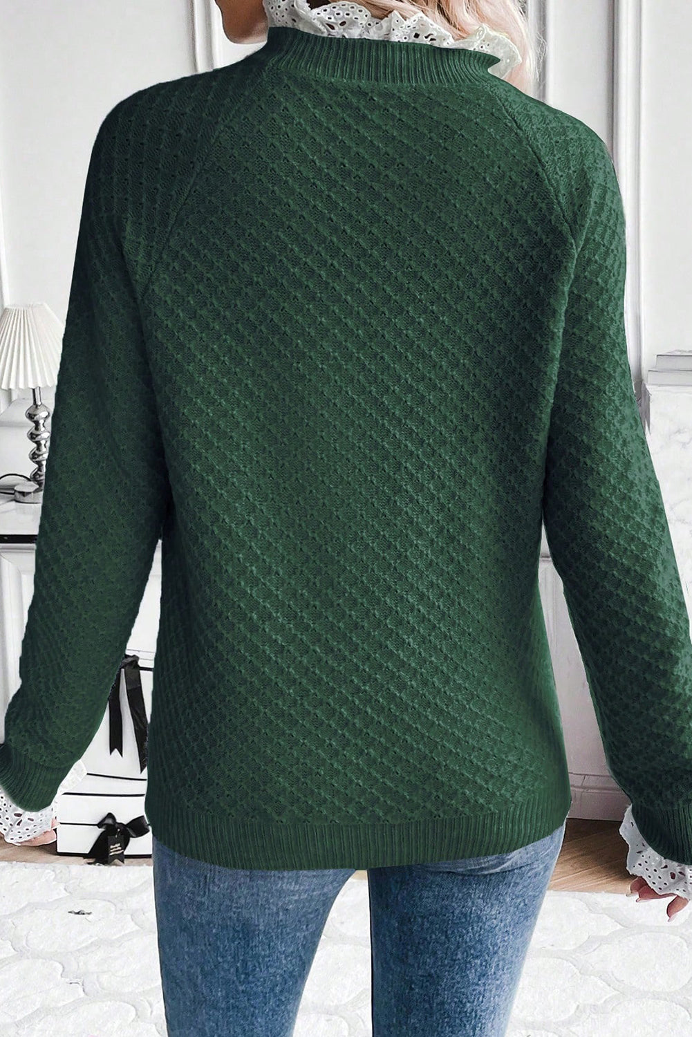 Mist Green  Contrast Lace Frilled Trim Raglan Sleeve Sweater