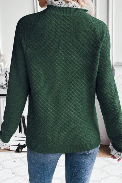 Mist Green  Contrast Lace Frilled Trim Raglan Sleeve Sweater