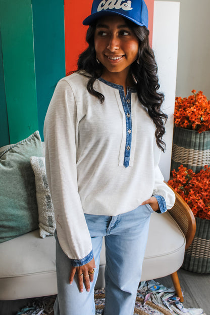 White Long Sleeve Ribbed Knit Denim Contrast Trim Henley Top