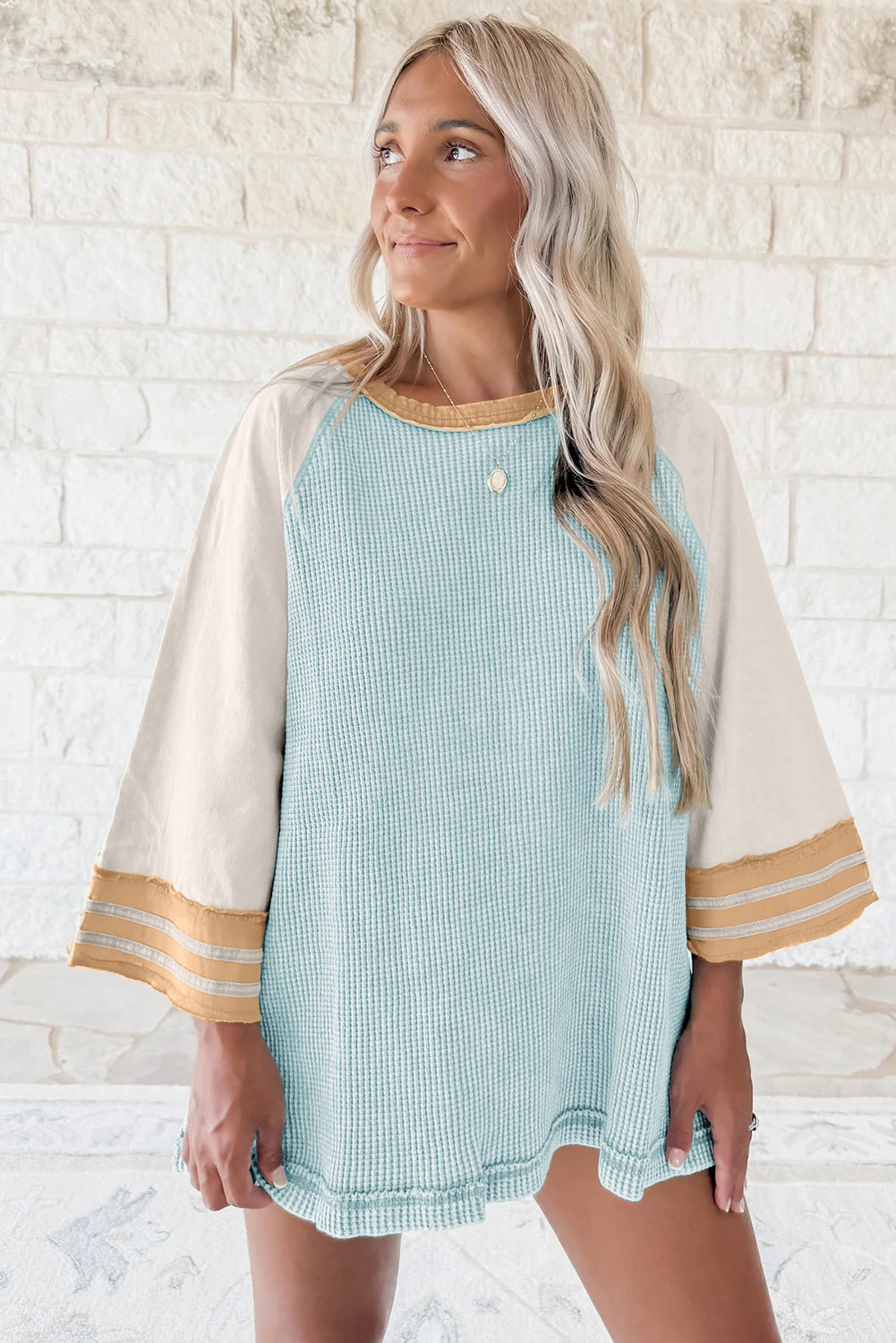 Beau Blue Waffle Textured Color Block Patchwork Raw Seam Bell Sleeve Loose Tunic Top