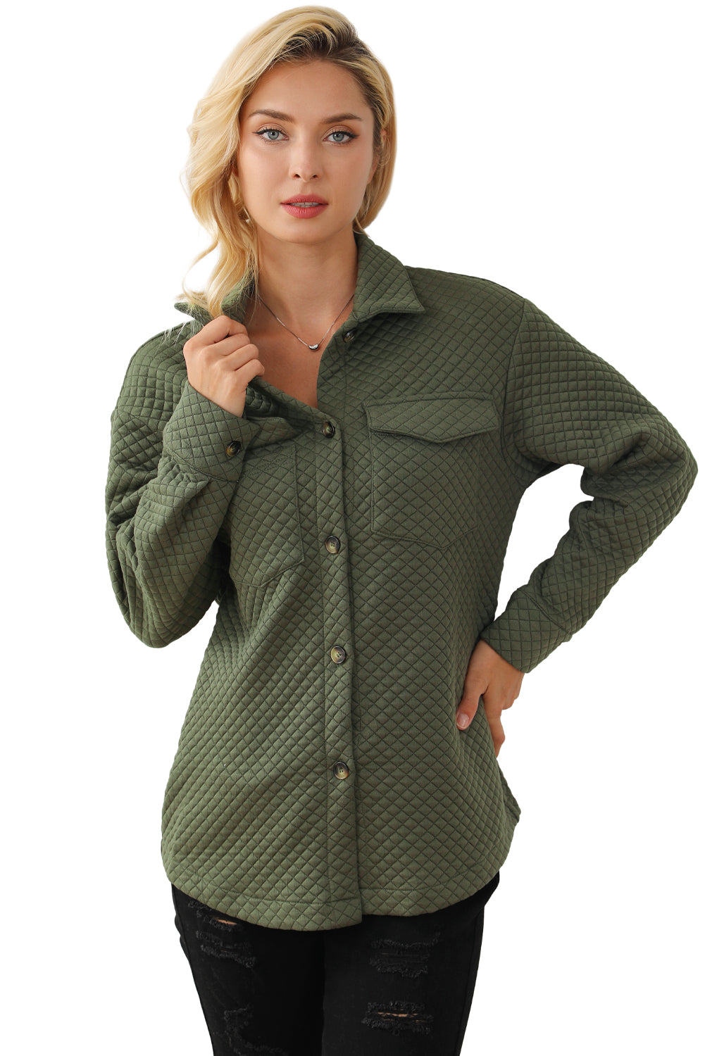 Green Vintage Quilted Flap Pocket Button Shirt Jacket