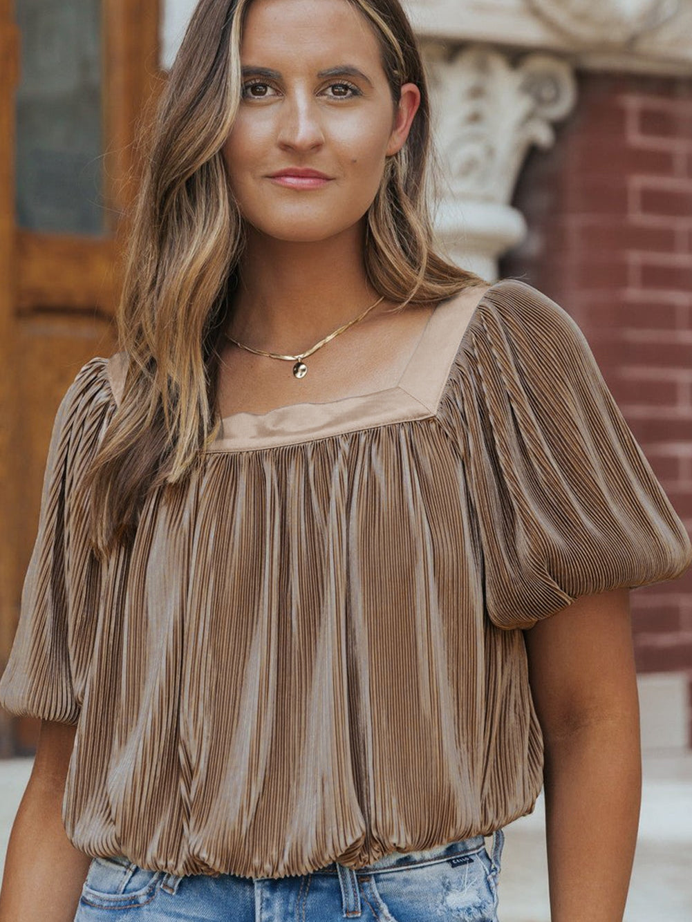 Elegant Taupe Pleated Puff Sleeve Square Neck Satin Blouse