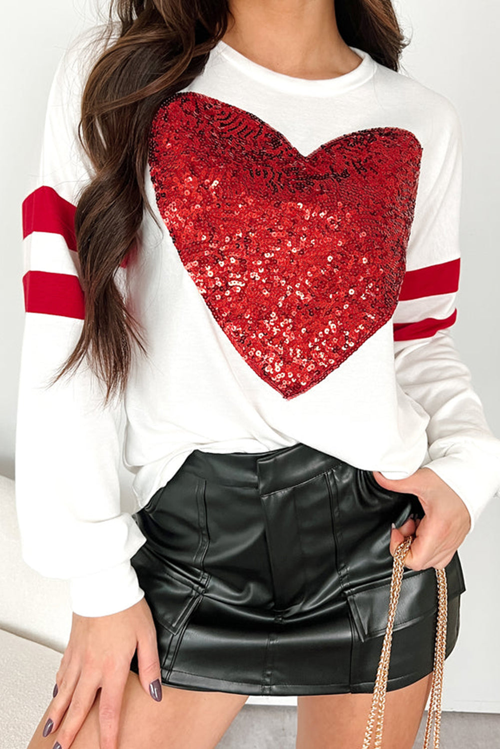 White Big Heart Sequin Patched Varsity Striped Long Sleeve Top