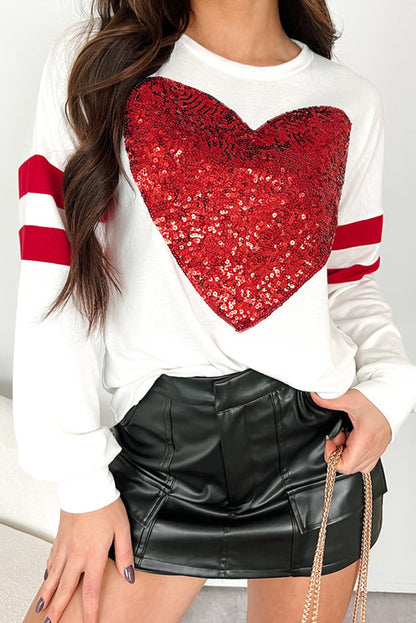 White Big Heart Sequin Patched Varsity Striped Long Sleeve Top