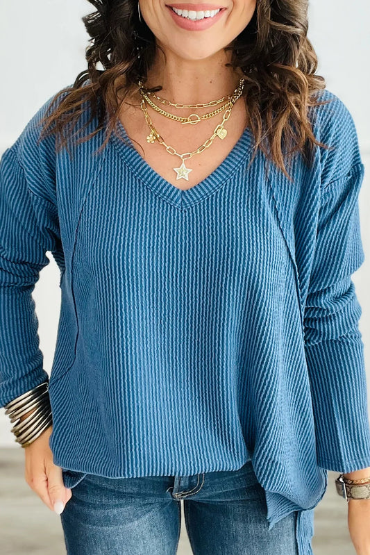 Peacock Blue Twisted Ribbed Exposed Seam V Neck Long Sleeve Top