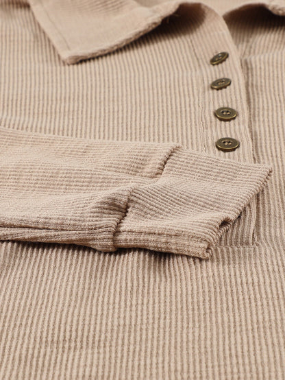 Elegant Khaki Knit Top with Chic Turn-down Neck