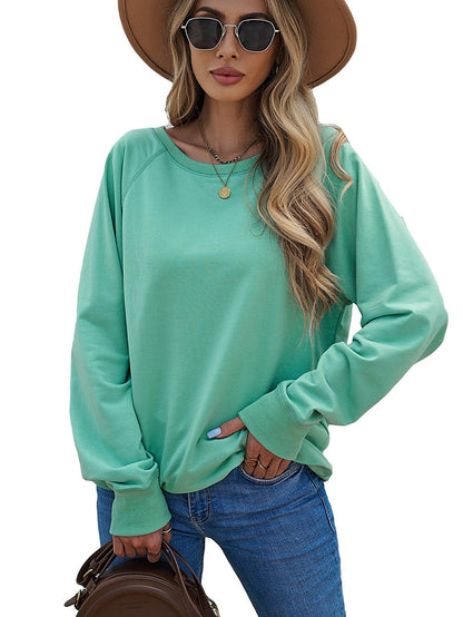 Green Crew Neck Long Sleeve Sweatshirt with Distressed Detail