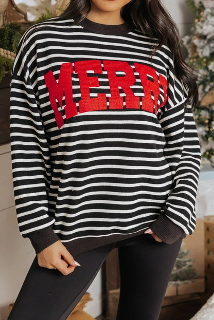 Black Stripe Red Merry Block Letter Printed Drop Shoulder Sweatshirt