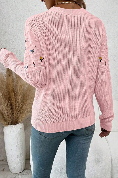 Light Pink Mixed Texture Knit Flower Embroidered Detail Casual Sweater