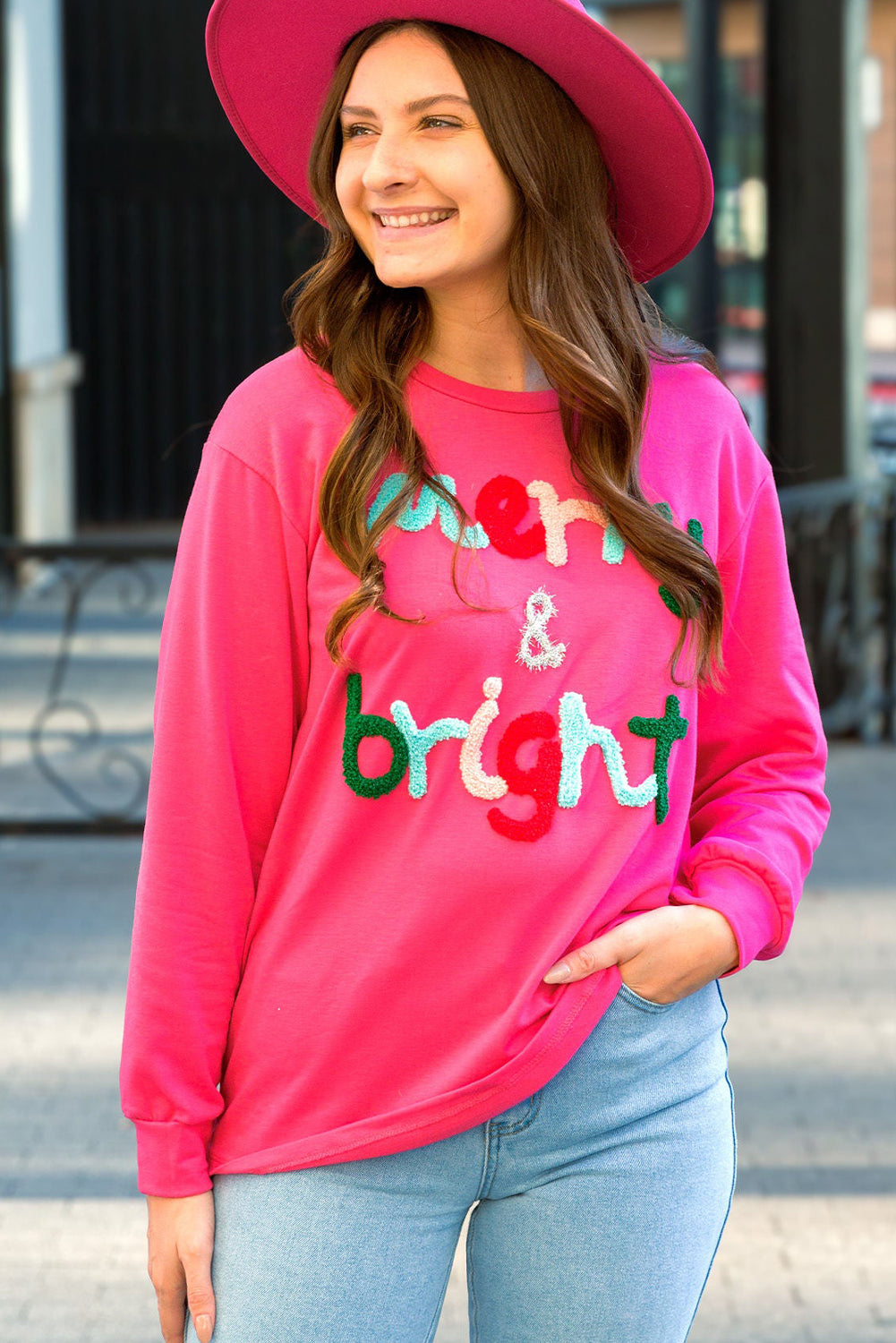 Strawberry Pink merry&bright Chenille Tinsel Letter Graphic Plus Size Christmas Sweatshirt