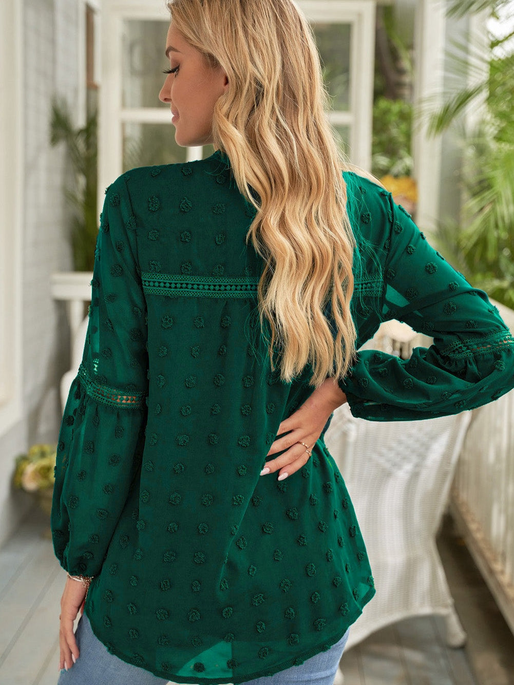 Green Polka Dot Lace Ruffle Split Neck Puff Sleeve Blouse