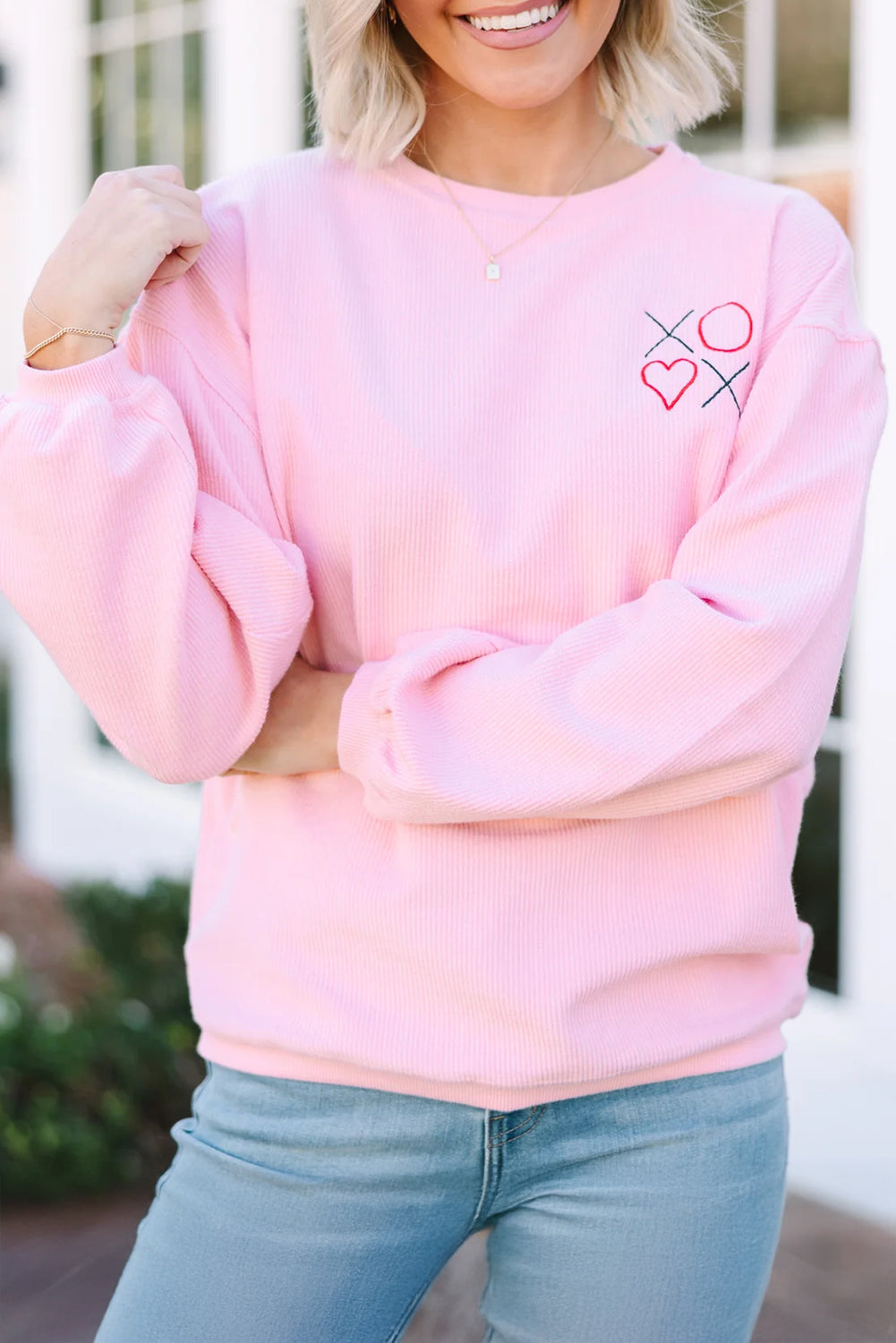 Pink 3d Ribbed XOXO Heart Embroidered Drop Shoulder Sweatshirt