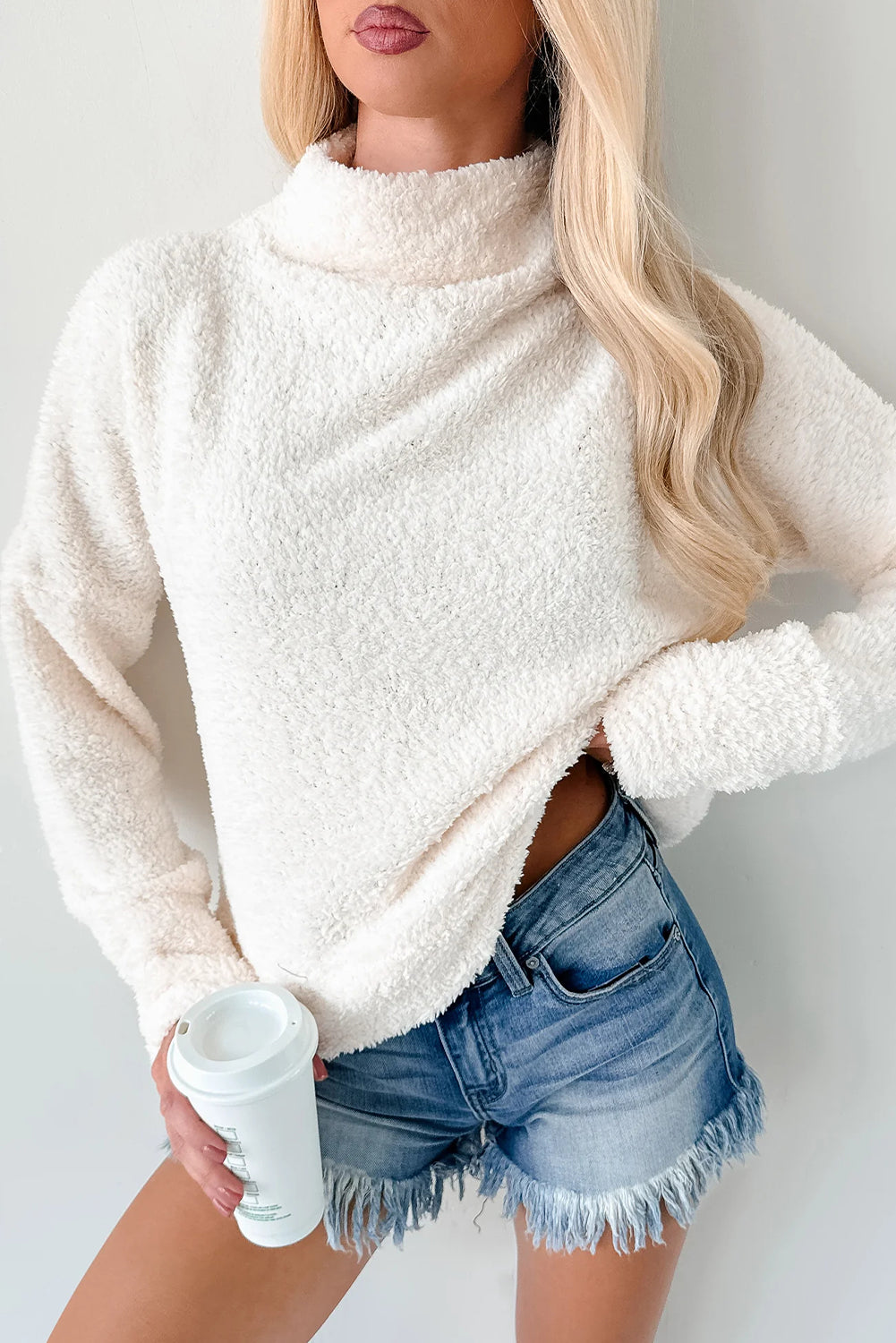 White High Neck Drop Shoulder Fuzzy Knit Sweater