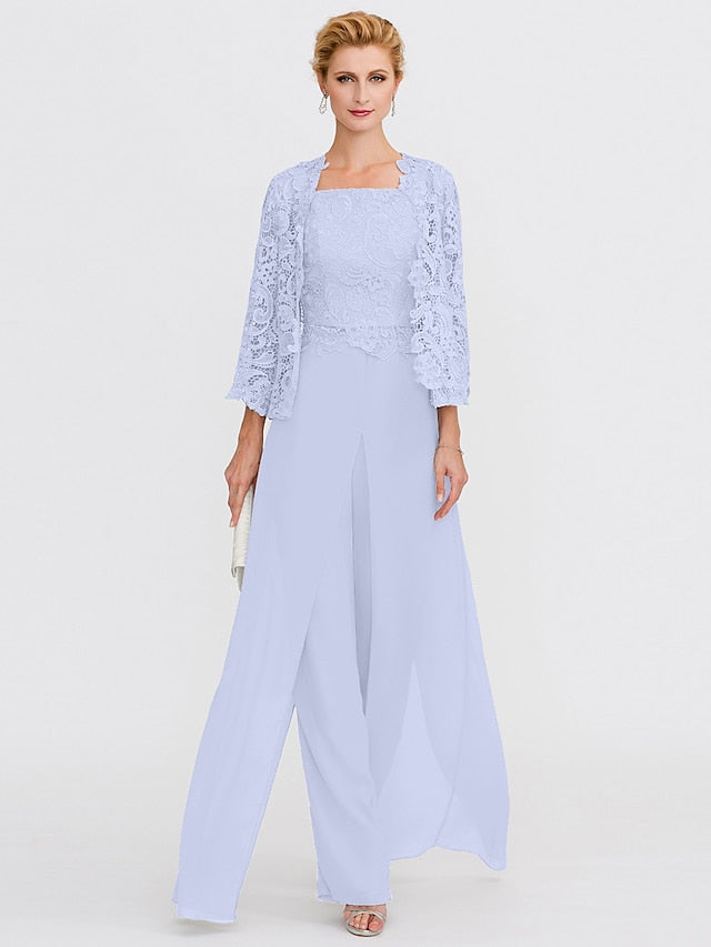 Jumpsuit / Pantsuit Mother of the Bride Dress Formal Plus Size Elegant Square Neck Floor Length Chiffon Corded Lace Sleeveless Wrap Included with Lace Appliques 2023 - LuckyFash™