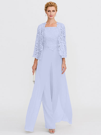 Jumpsuit / Pantsuit Mother of the Bride Dress Formal Plus Size Elegant Square Neck Floor Length Chiffon Corded Lace Sleeveless Wrap Included with Lace Appliques 2023 - LuckyFash™