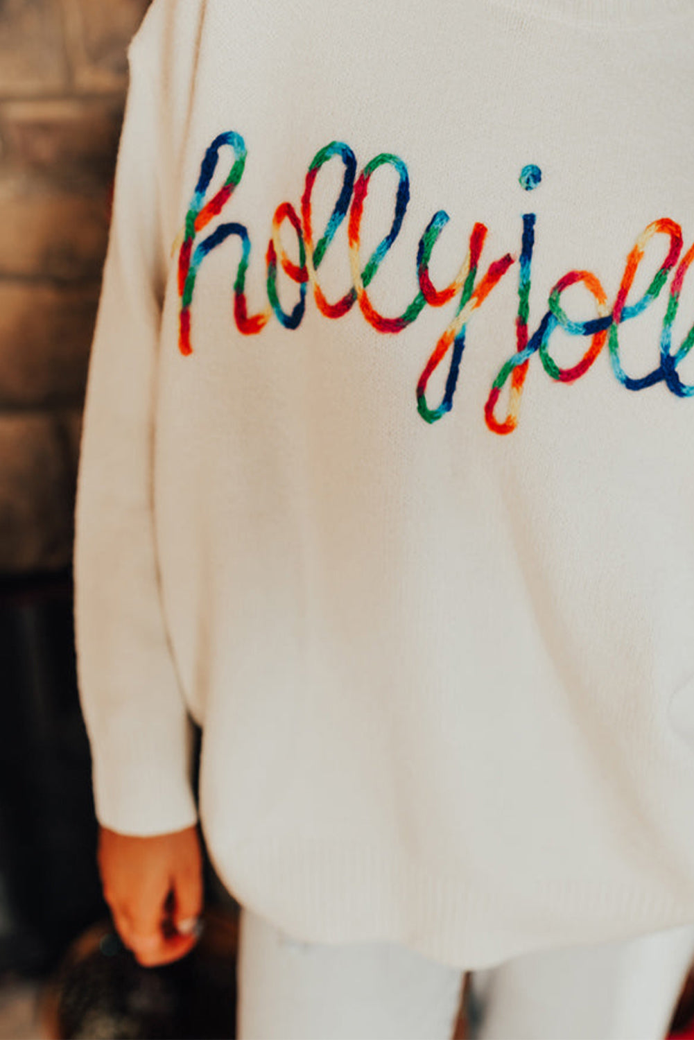 Beige Colorful Holly Jolly Christmas Knit Loose Sweater