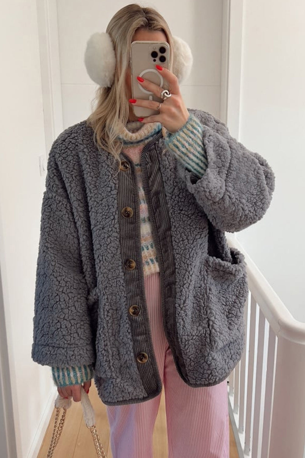 Medium Grey Puffy Plush Corduroy Edge Patchwork Jacket with Big Pockets